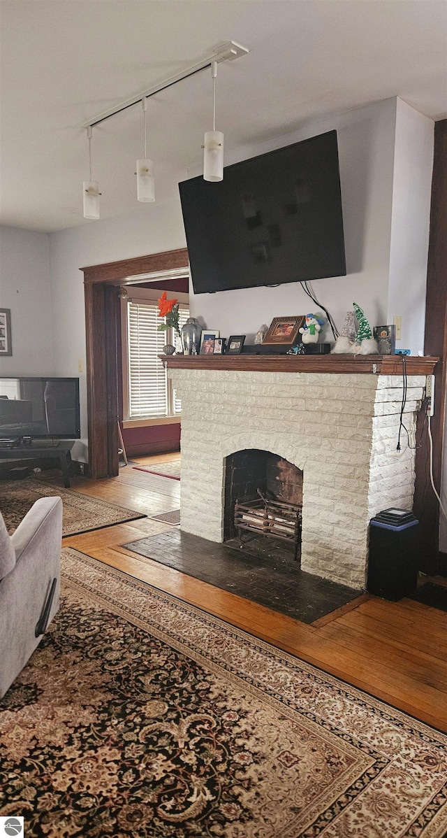 living room with a brick fireplace, wood finished floors, and rail lighting