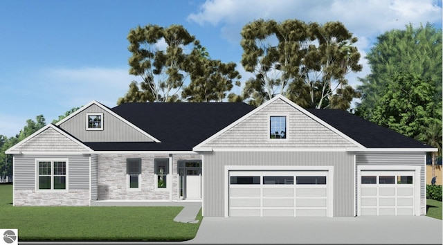 view of front of property with a garage, stone siding, a front lawn, and driveway