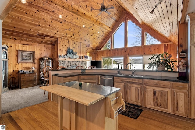 kitchen featuring butcher block countertops, wood walls, a sink, wood ceiling, and dishwasher