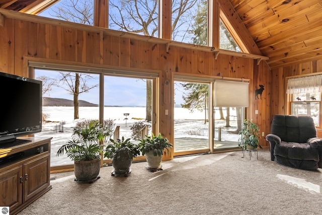 living area featuring high vaulted ceiling, carpet, wooden ceiling, and wooden walls