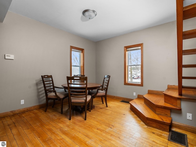 dining room with light wood-style floors, baseboards, visible vents, and a wealth of natural light