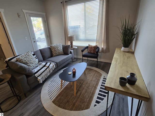 living area with wood finished floors and baseboards