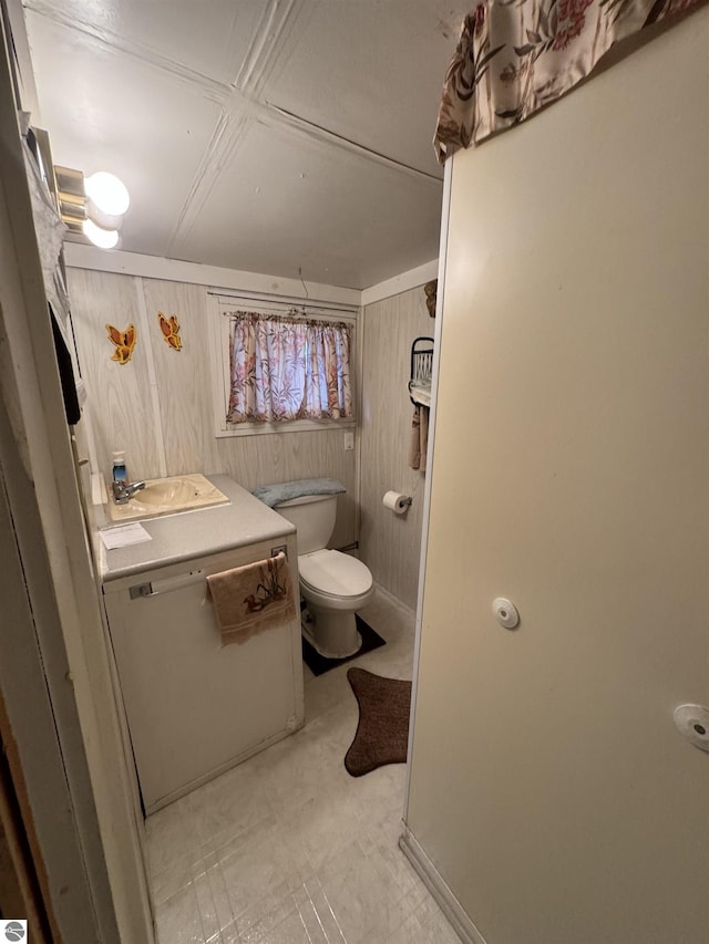 bathroom with toilet, wood walls, and vanity