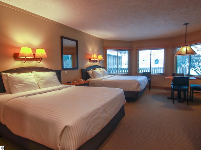 carpeted bedroom with a textured ceiling and multiple windows