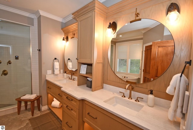 bathroom featuring double vanity, a stall shower, a sink, and crown molding