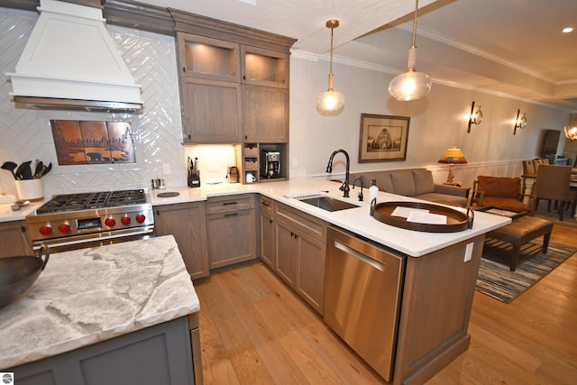 kitchen with stainless steel appliances, ornamental molding, a sink, premium range hood, and a peninsula