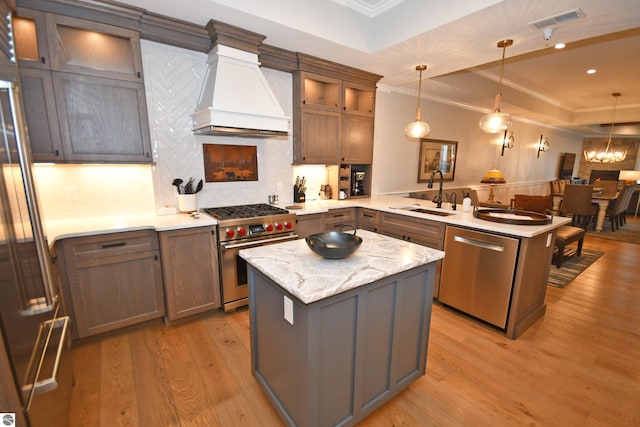 kitchen with a raised ceiling, a peninsula, stainless steel appliances, premium range hood, and a sink