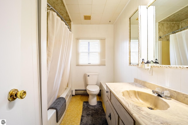 bathroom featuring visible vents, toilet, a baseboard radiator, shower / bathtub combination with curtain, and vanity