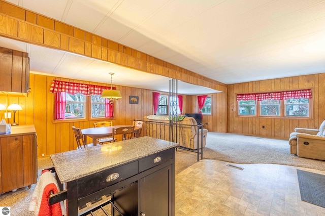 kitchen featuring open floor plan, wooden walls, and a healthy amount of sunlight