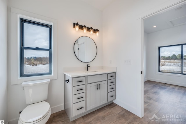 bathroom with baseboards, wood finished floors, and vanity