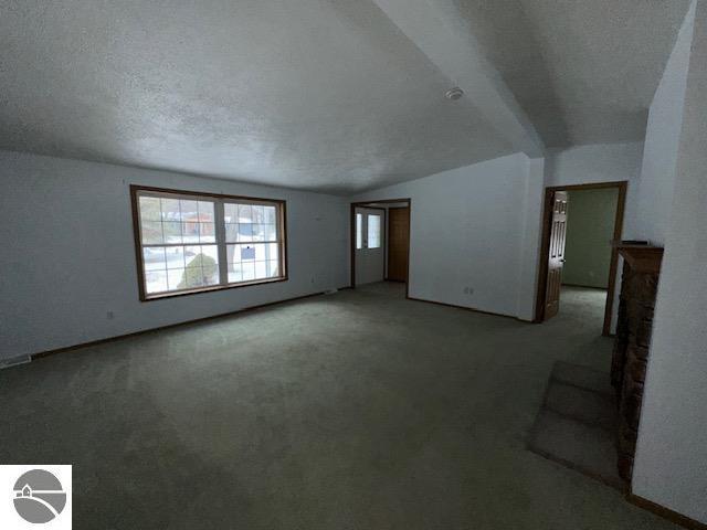 carpeted empty room featuring lofted ceiling and a textured ceiling