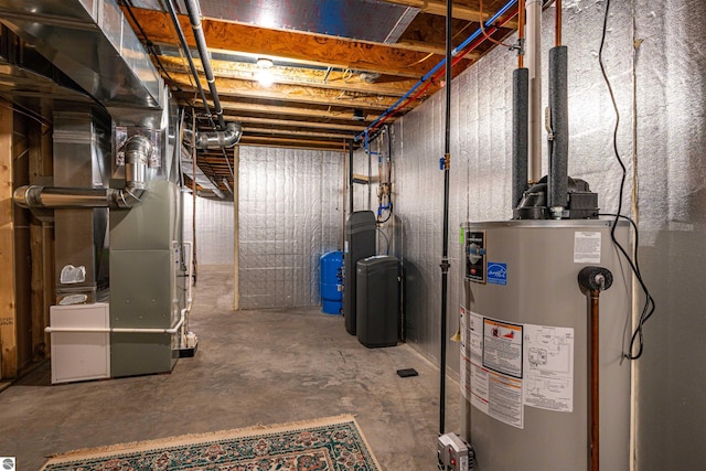 unfinished below grade area with heating unit and gas water heater