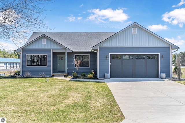 view of front of property with driveway, an attached garage, a shingled roof, board and batten siding, and a front yard
