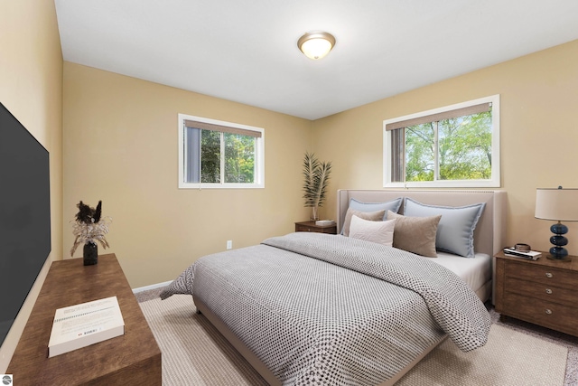 bedroom with multiple windows, carpet flooring, and baseboards