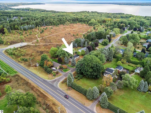 drone / aerial view with a water view and a view of trees