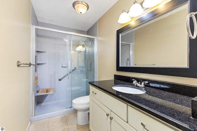 full bath with toilet, a shower stall, vanity, and tile patterned floors