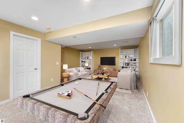 recreation room with billiards, baseboards, carpet flooring, and recessed lighting