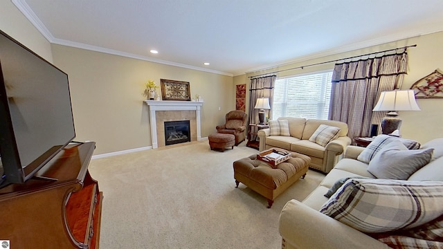 carpeted living room with ornamental molding, a tiled fireplace, recessed lighting, and baseboards