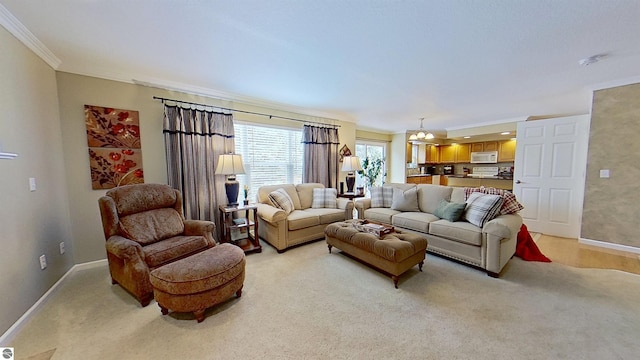 living room featuring ornamental molding, light colored carpet, and baseboards