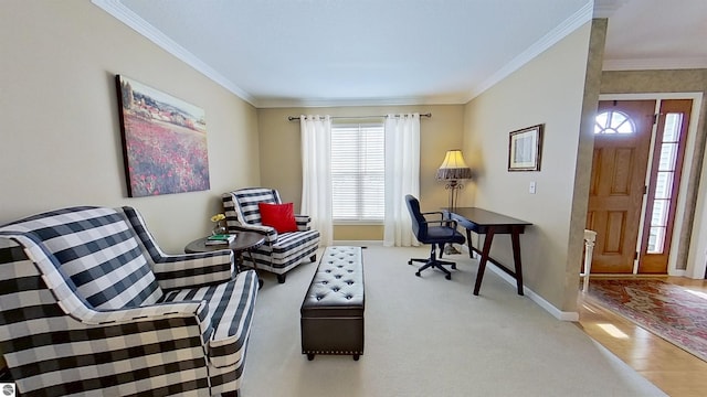 office area with carpet floors, crown molding, and baseboards