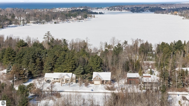 snowy aerial view with a wooded view