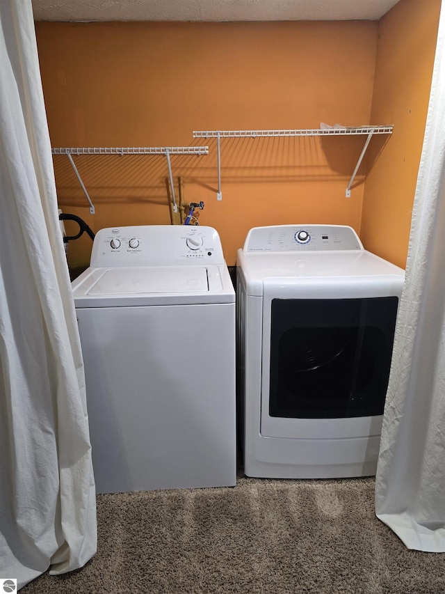 laundry area with washer and clothes dryer and carpet flooring