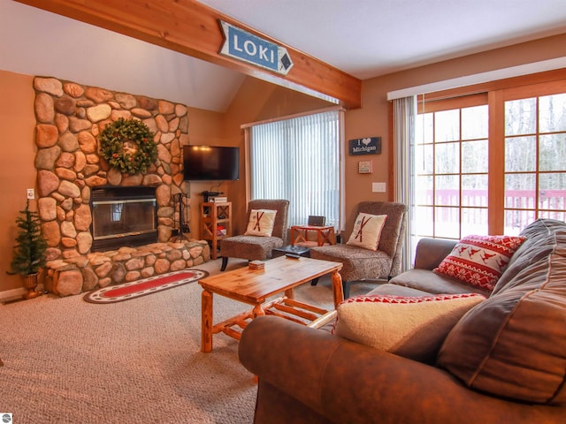 living area featuring carpet floors, a stone fireplace, and lofted ceiling with beams