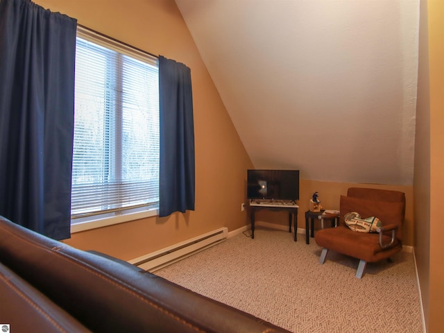 bedroom featuring carpet, multiple windows, baseboards, and baseboard heating