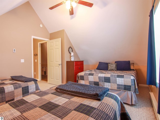 bedroom with a ceiling fan, carpet flooring, vaulted ceiling, and baseboards