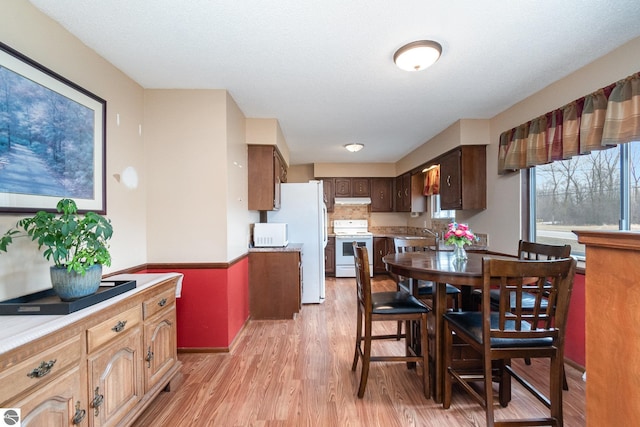 kitchen featuring dark brown cabinetry, under cabinet range hood, white appliances, light countertops, and light wood finished floors