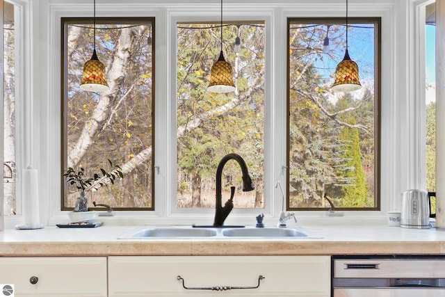 interior details with dishwashing machine, white cabinetry, light countertops, and a sink