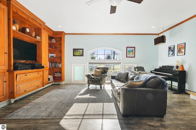 living room featuring dark wood-style floors, ceiling fan, crown molding, and recessed lighting