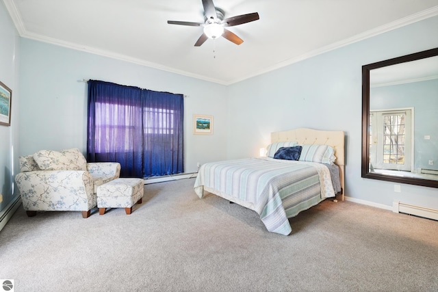 carpeted bedroom featuring ornamental molding, baseboards, baseboard heating, and a ceiling fan