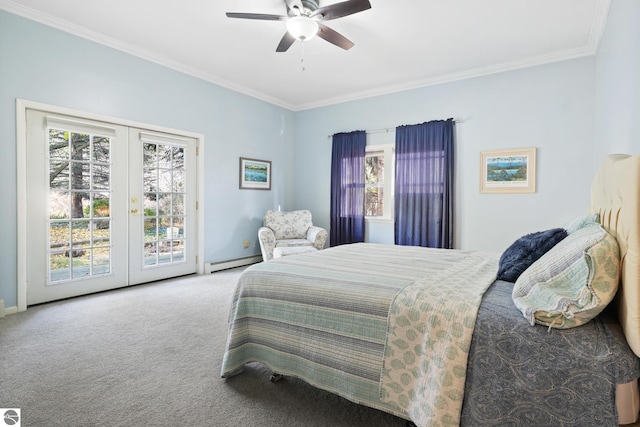 carpeted bedroom with a ceiling fan, a baseboard radiator, access to outside, crown molding, and french doors