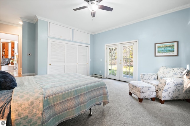 carpeted bedroom featuring access to exterior, french doors, a closet, baseboard heating, and ornamental molding