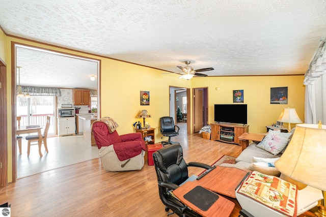 living room featuring light wood finished floors, a textured ceiling, a ceiling fan, and ornamental molding