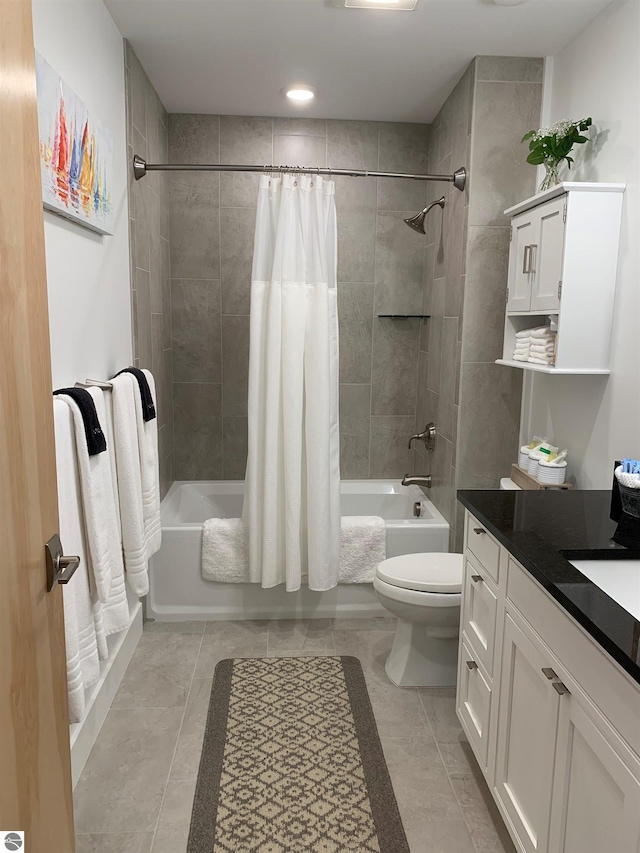 full bath with vanity, toilet, and shower / bathtub combination with curtain