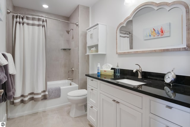 full bathroom with shower / tub combo with curtain, recessed lighting, toilet, vanity, and tile patterned floors