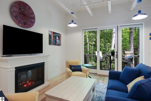 living area with light wood finished floors, a glass covered fireplace, and baseboards