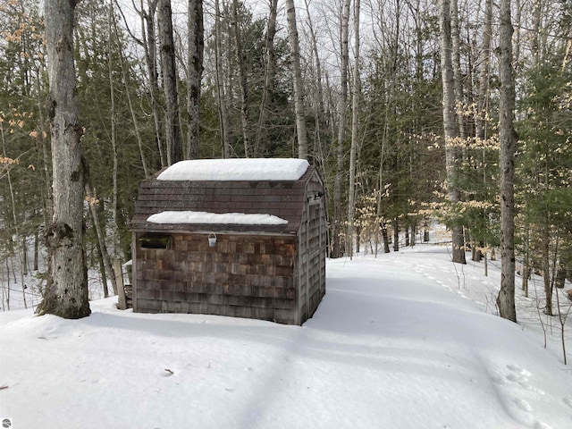 snowy yard with a shed and an outbuilding