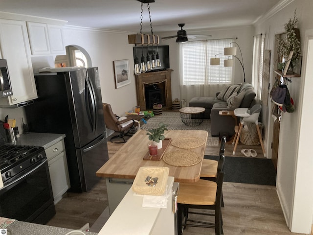 kitchen with appliances with stainless steel finishes, light wood-type flooring, crown molding, and a fireplace