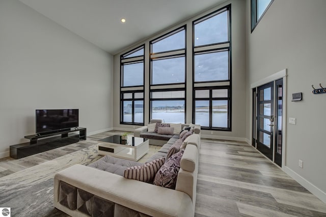 living room featuring a high ceiling, wood finished floors, and baseboards