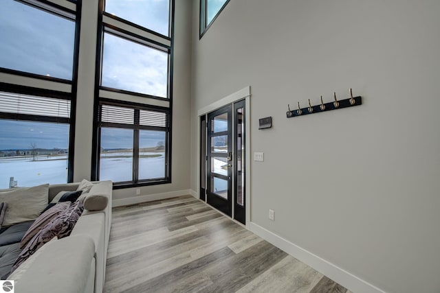 doorway featuring a high ceiling, wood finished floors, baseboards, and a water view