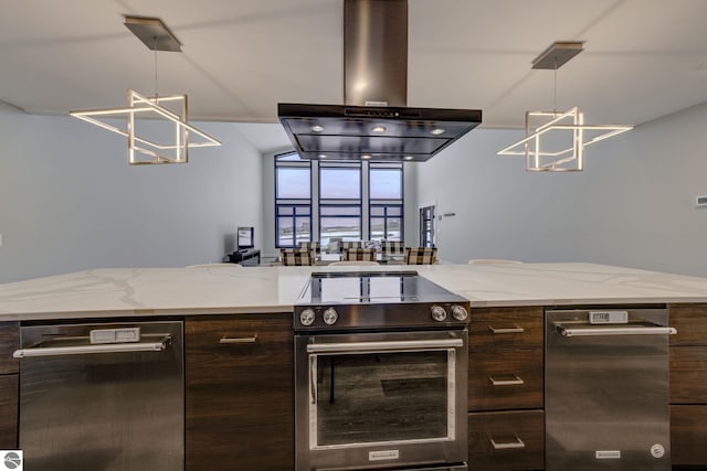 kitchen with stainless steel electric range oven, dark brown cabinetry, island exhaust hood, and modern cabinets