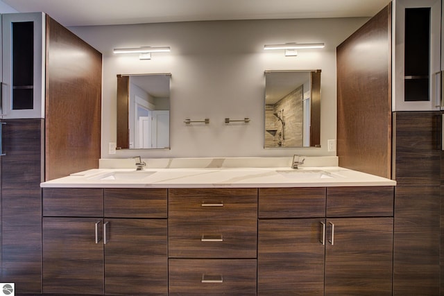 bathroom featuring double vanity, a shower with shower door, and a sink