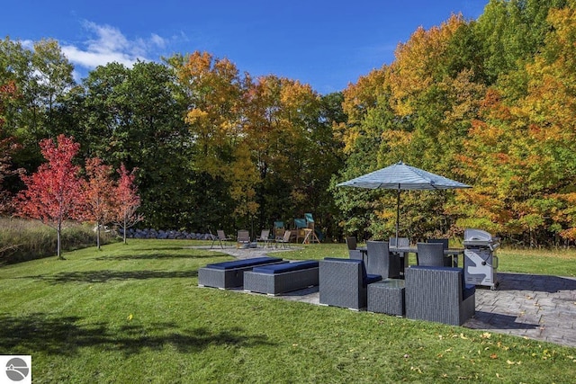 view of yard with playground community and a patio