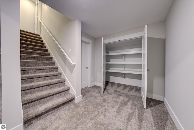 stairway with baseboards and carpet