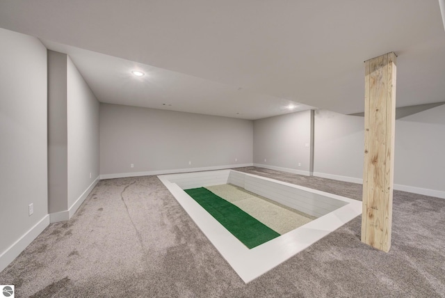 workout area with carpet flooring, recessed lighting, and baseboards