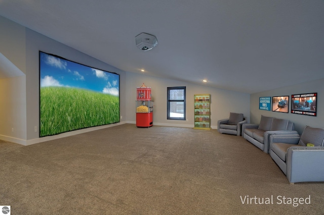 carpeted cinema room with recessed lighting, baseboards, and lofted ceiling