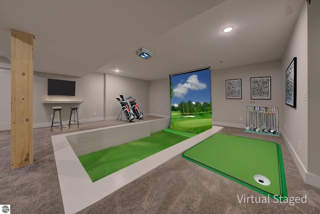 game room featuring carpet floors, recessed lighting, baseboards, and golf simulator